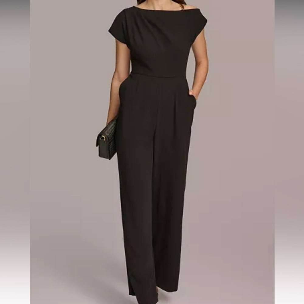 NWT Donna Karan Black Wide-Leg Jumpsuit with Cap Sleeves Sz 16